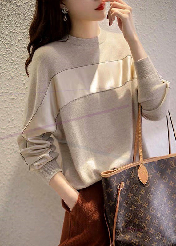 Modern Grey O-neck Chiffo Patchwork Knit Pullover Long Sleeve