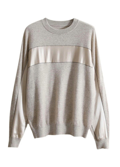 Modern Grey O-neck Chiffo Patchwork Knit Pullover Long Sleeve
