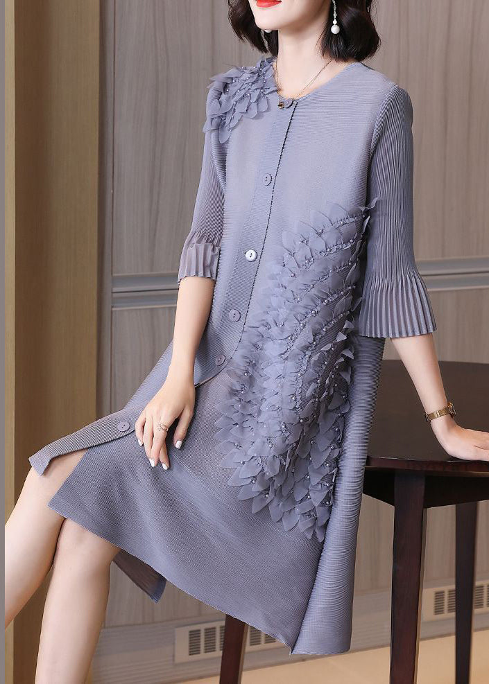 Modern Grey O-neck Nail Bead a Line Dress Summer
