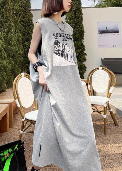 Modern Grey Print Cotton Sleeveless Summer Vacation Dresses
