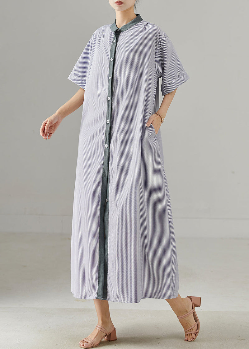 Modern Grey Stand Collar Striped Cotton Shirt Dress Summer