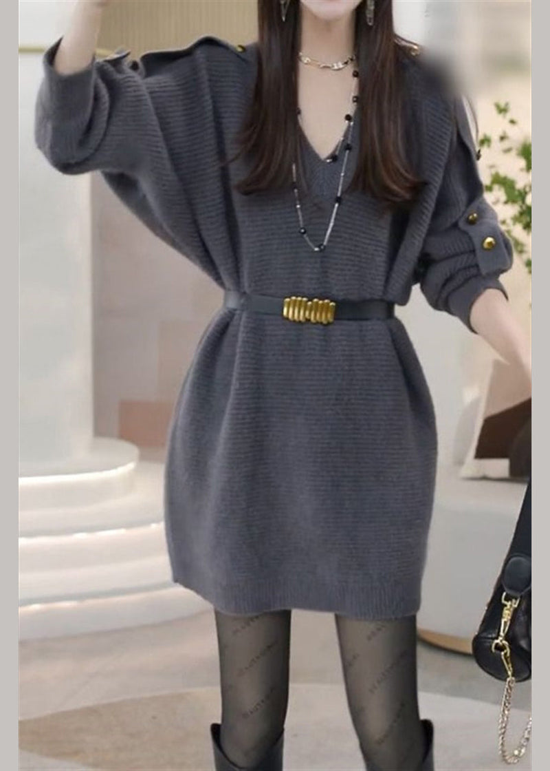 Modern Grey V Neck Metal Buttons Knit Sweater Dress Spring