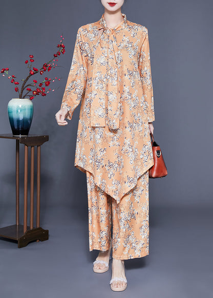 Modern Khaki Bow Asymmetrical Design Print Silk Two Piece Set Clothing Spring