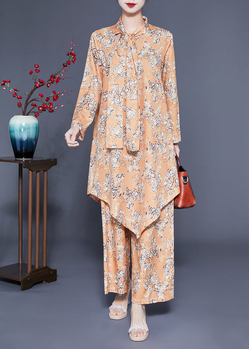 Modern Khaki Bow Asymmetrical Design Print Silk Two Piece Set Clothing Spring