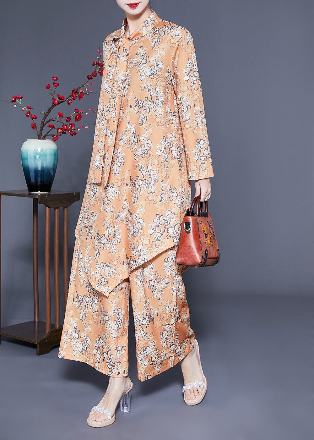Modern Khaki Bow Asymmetrical Design Print Silk Two Piece Set Clothing Spring