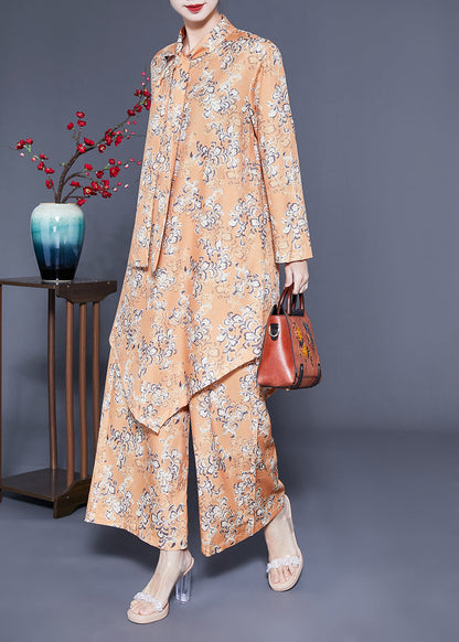 Modern Khaki Bow Asymmetrical Design Print Silk Two Piece Set Clothing Spring