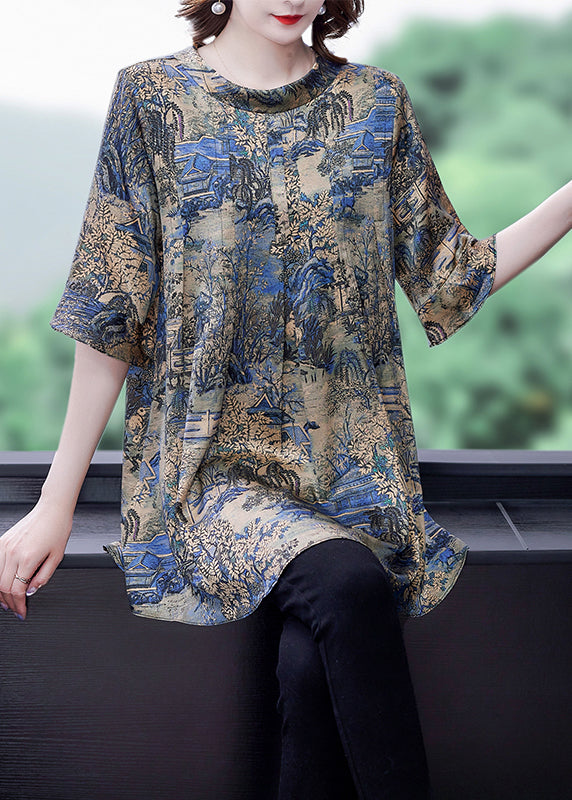 Modern Khaki O-neck Oversized Print Silk Top Flare Sleeve