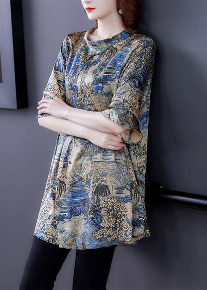 Modern Khaki O-neck Oversized Print Silk Top Flare Sleeve