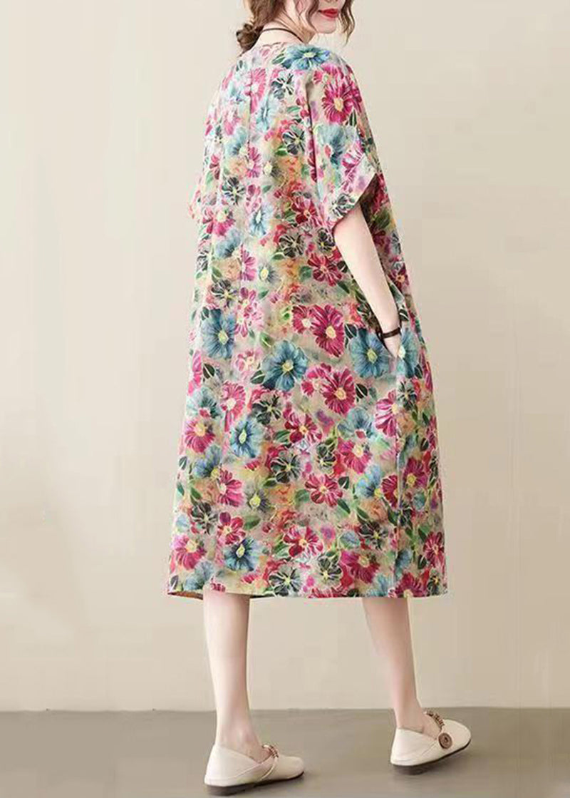 Modern Khaki O-neck Print Cotton Long Dress Summer