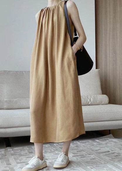 Modern Khaki O-neck Wrinkled Cotton a Line Holiday Dress Sleeveless