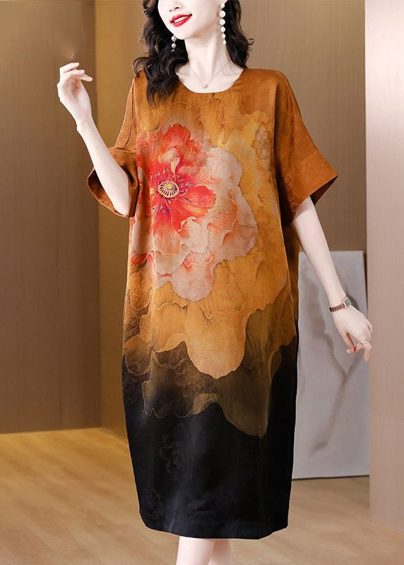 Modern Khaki Oversized Print Silk Dress Summer
