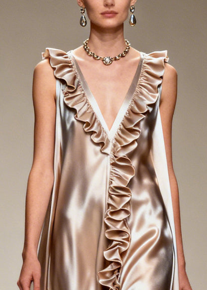 Modern Khaki Ruffled Silk Robe Dresses Sleeveless