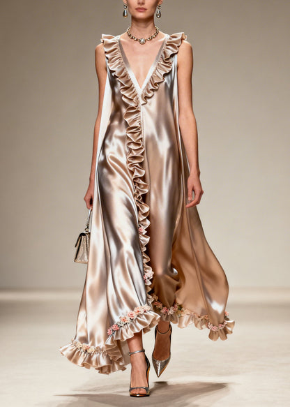 Modern Khaki Ruffled Silk Robe Dresses Sleeveless