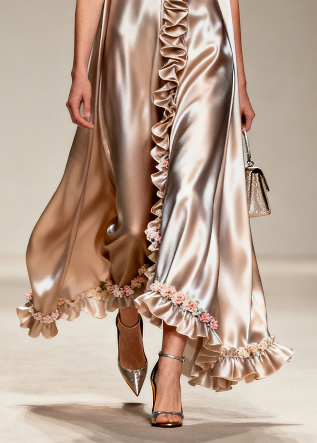 Modern Khaki Ruffled Silk Robe Dresses Sleeveless