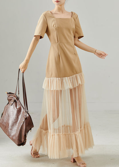 Modern Khaki Square Collar Patchwork Tulle Holiday Dress Summer