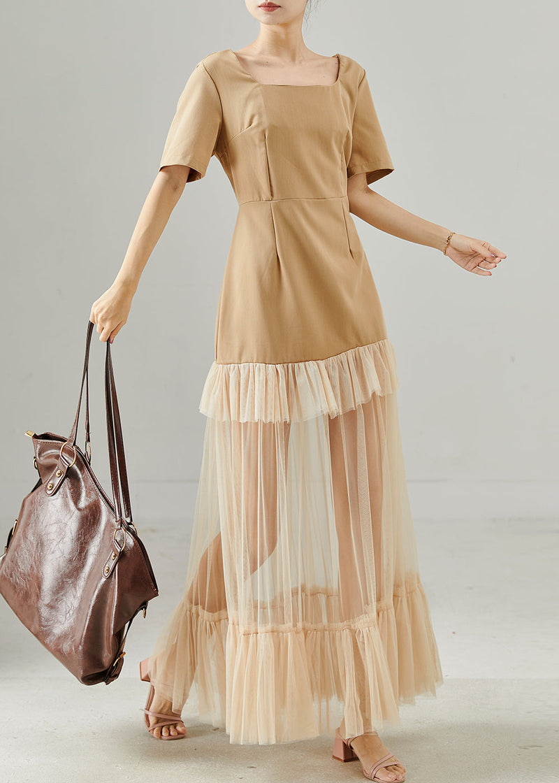 Modern Khaki Square Collar Patchwork Tulle Holiday Dress Summer