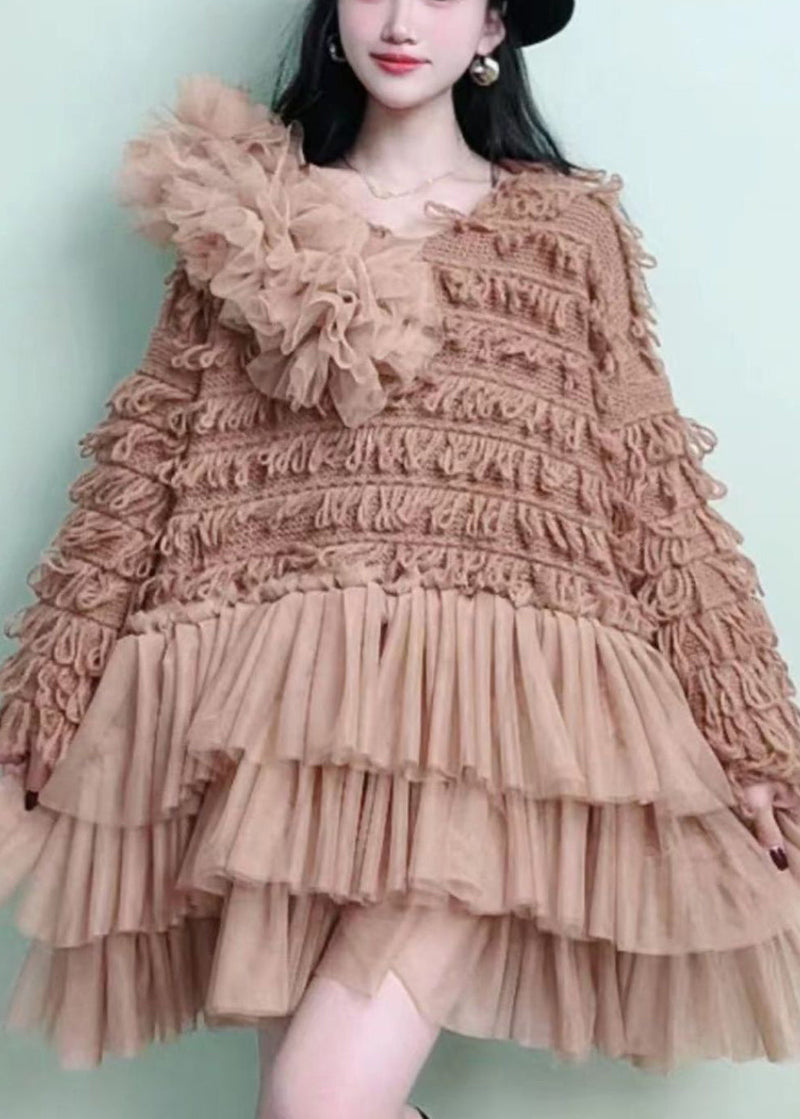 Modern Khaki Tasseled Patchwork Knit Dress Spring
