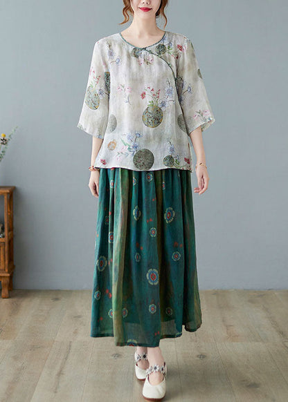 Modern Light Green O-neck Print Blouse Spring Top
