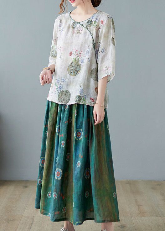 Modern Light Green O-neck Print Blouse Spring Top