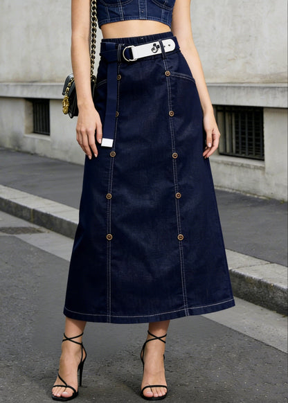 Modern Navy Double Breast Denim a Line Skirt Summer
