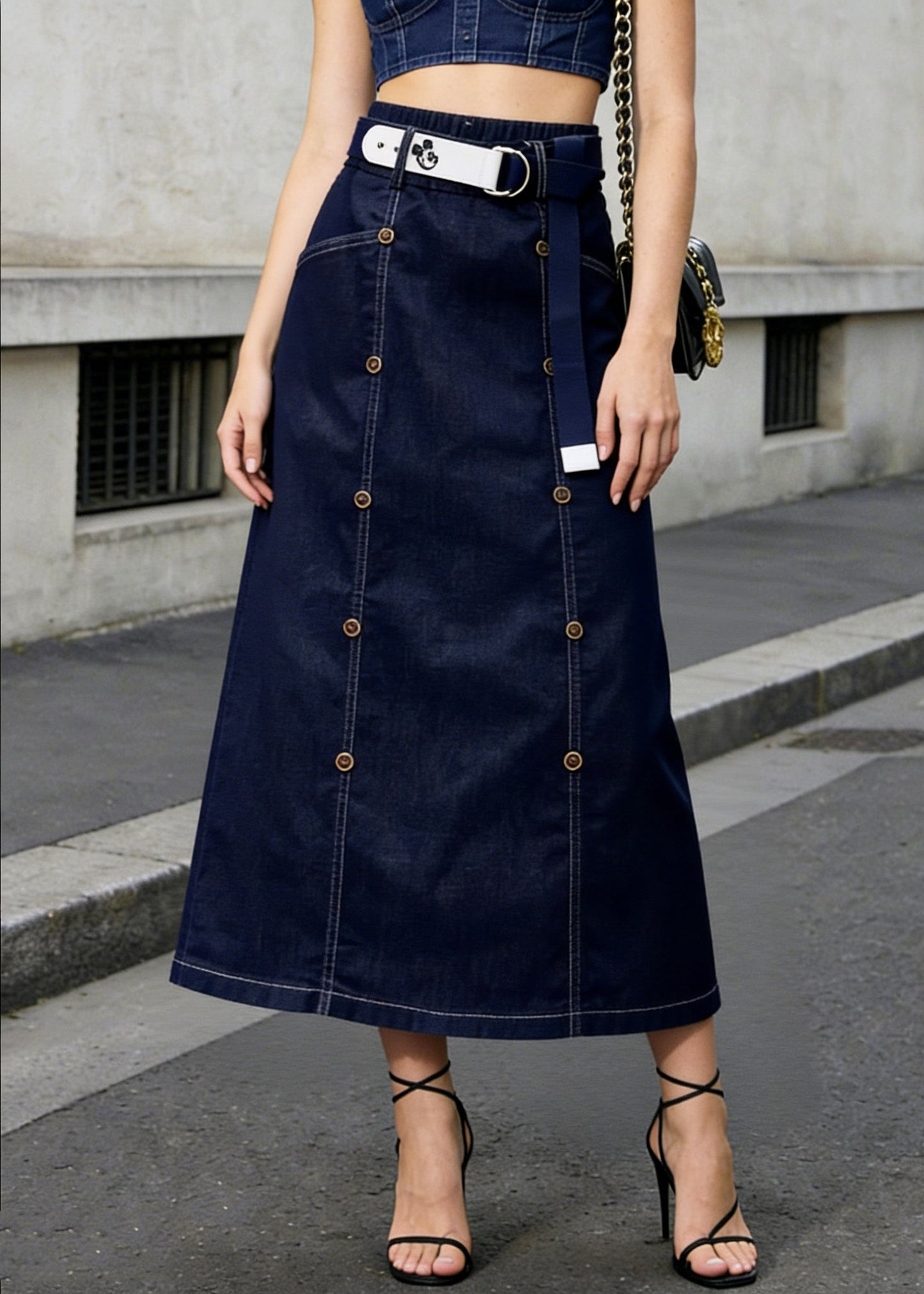 Modern Navy Double Breast Denim a Line Skirt Summer