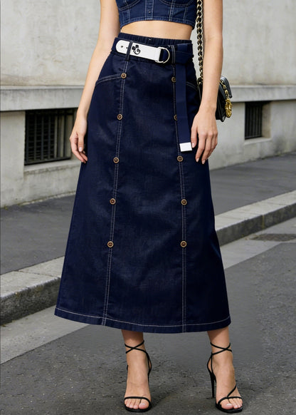 Modern Navy Double Breast Denim a Line Skirt Summer