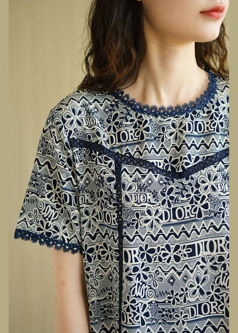 Modern Navy O-neck Print Summer Chiffon Dresses Short Sleeve