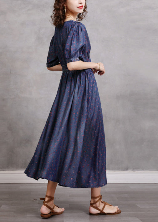 Modern Navy V Neck Button Elastic Waist Cotton Party Dress Short Sleeve