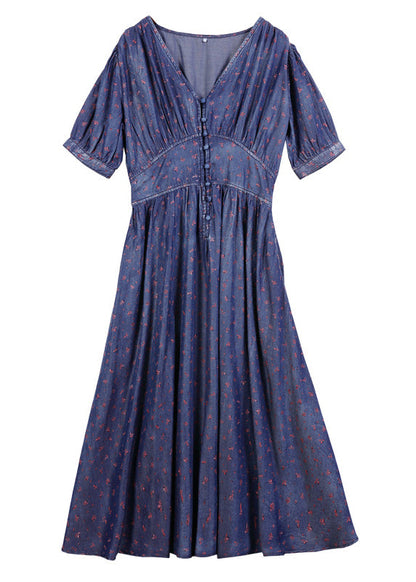 Modern Navy V Neck Button Elastic Waist Cotton Party Dress Short Sleeve