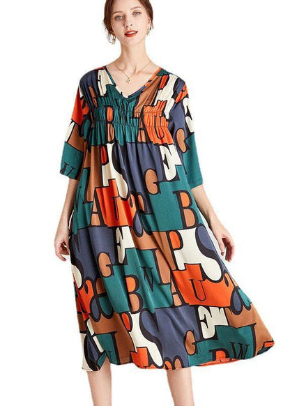 Modern Orange Green Print V Neck Summer Holiday Dress Half Sleeve