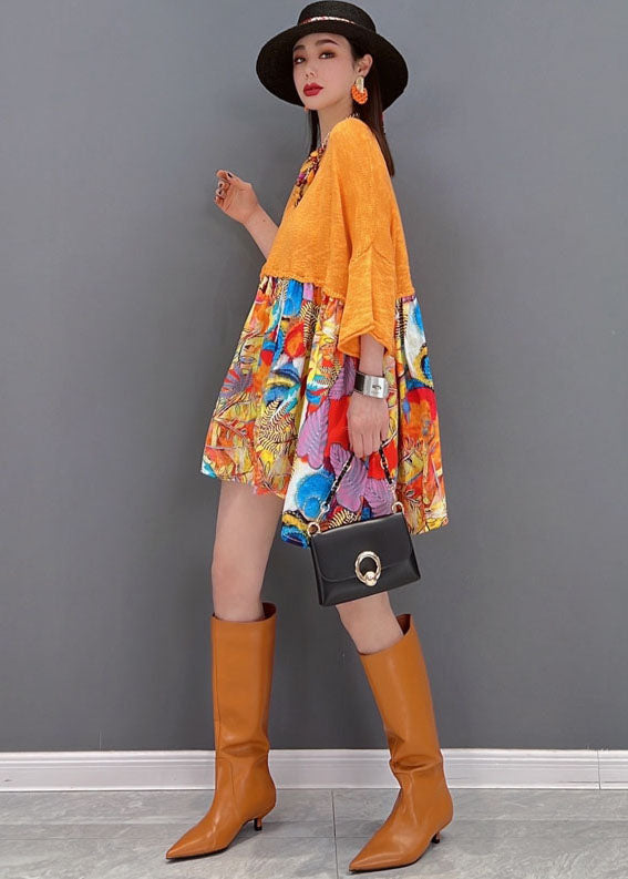 Modern Orange O-neck Patchwork Print Loose Mid Dress Bracelet Sleeve