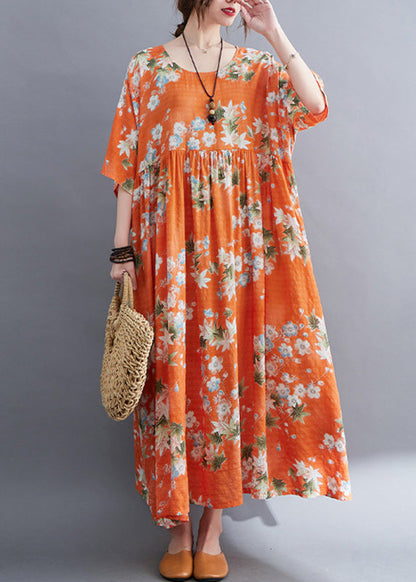 Modern Orange O-neck Patchwork Wrinkled Cotton Maxi Dress Half Sleeve