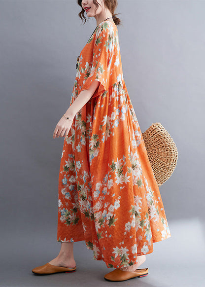 Modern Orange O-neck Patchwork Wrinkled Cotton Maxi Dress Half Sleeve