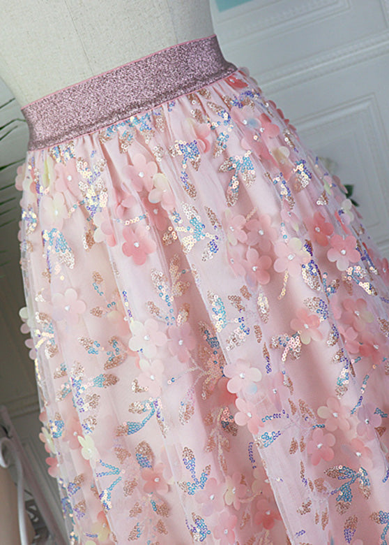 Modern Pink Embroideried High Waist Sequins Tulle Maxi Skirt Spring