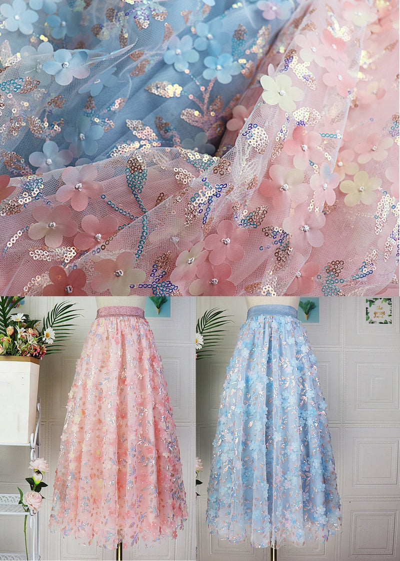 Modern Pink Embroideried High Waist Sequins Tulle Maxi Skirt Spring