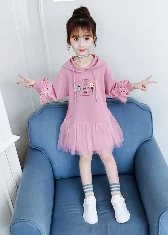 Modern Pink Hooded Print Patchwork Cotton Mid Dress Fall