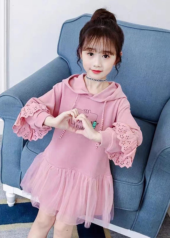 Modern Pink Hooded Print Patchwork Cotton Mid Dress Fall