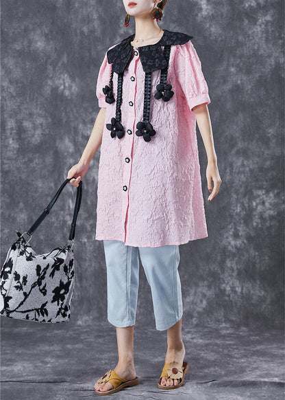Modern Pink Jacquard Cotton Shirt Dress Summer