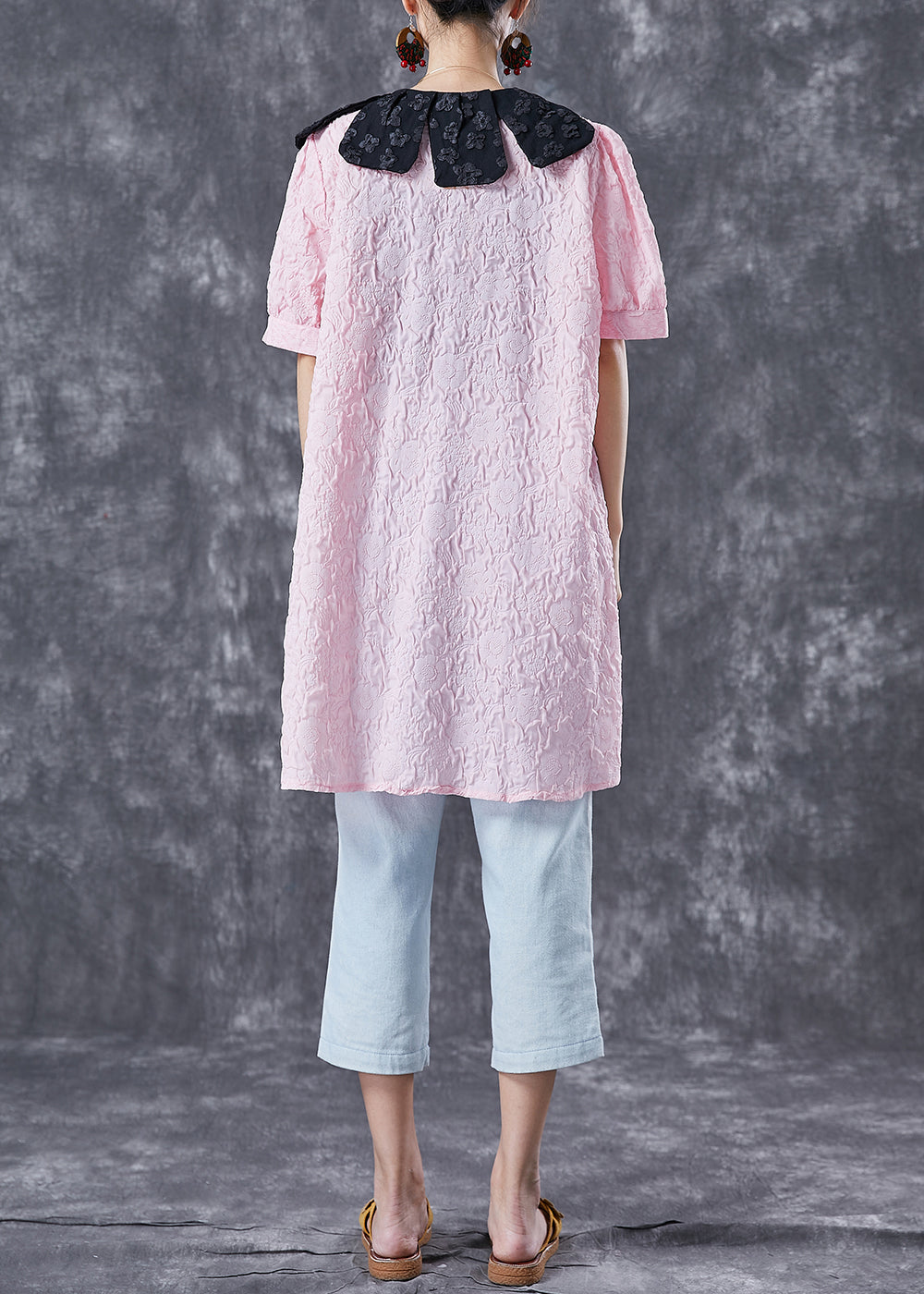 Modern Pink Jacquard Cotton Shirt Dress Summer