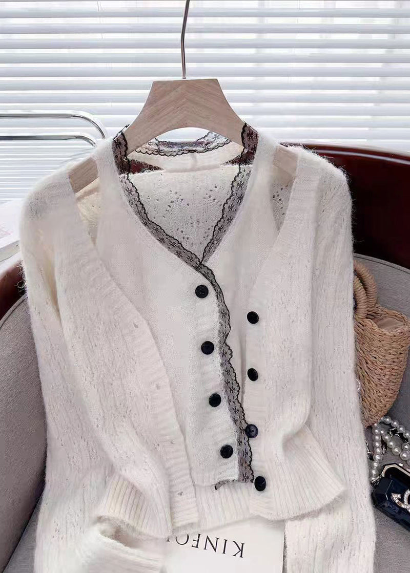 Modern Pink Lace Patchwork False Two Pieces Knit Sweaters Spring