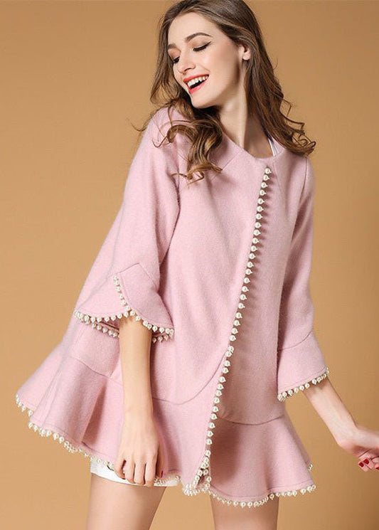 Modern Pink Nail Bead Ruffles Woolen Coats Spring
