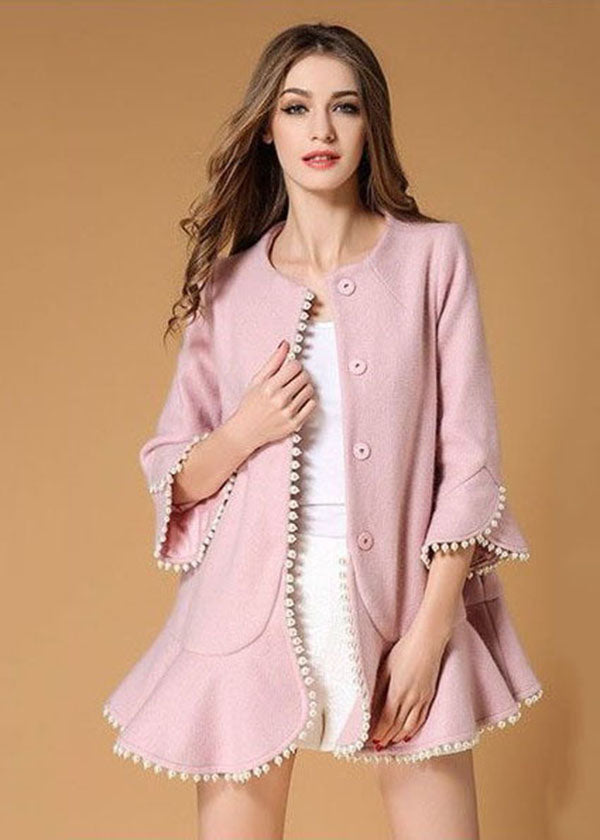 Modern Pink Nail Bead Ruffles Woolen Coats Spring