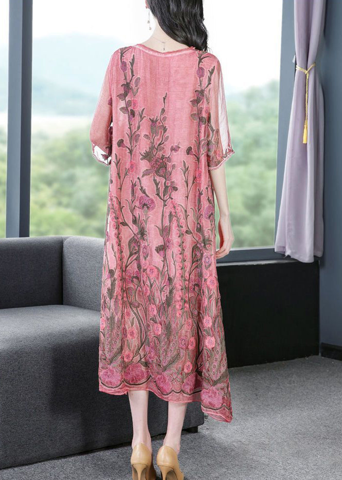 Modern Pink O-neck Embroideried Silk a Line Dress Half Sleeve