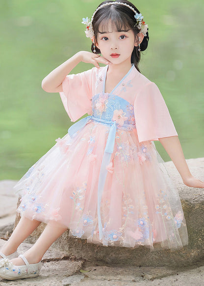 Modern Pink Patchwork Tie Waist Tulle Mid Dresses Short Sleeve