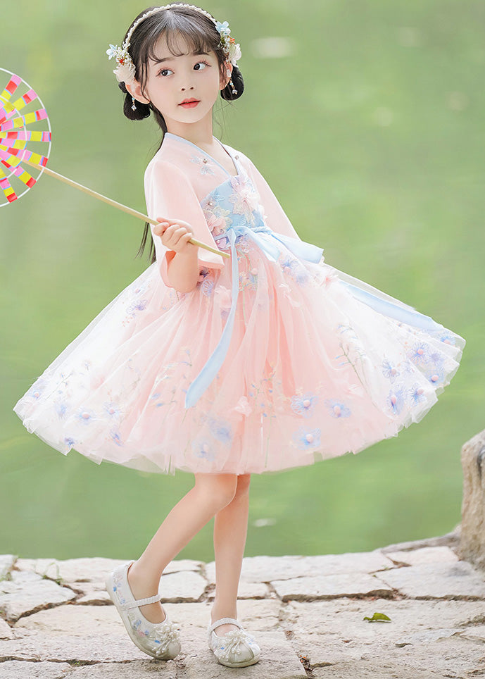 Modern Pink Patchwork Tie Waist Tulle Mid Dresses Short Sleeve
