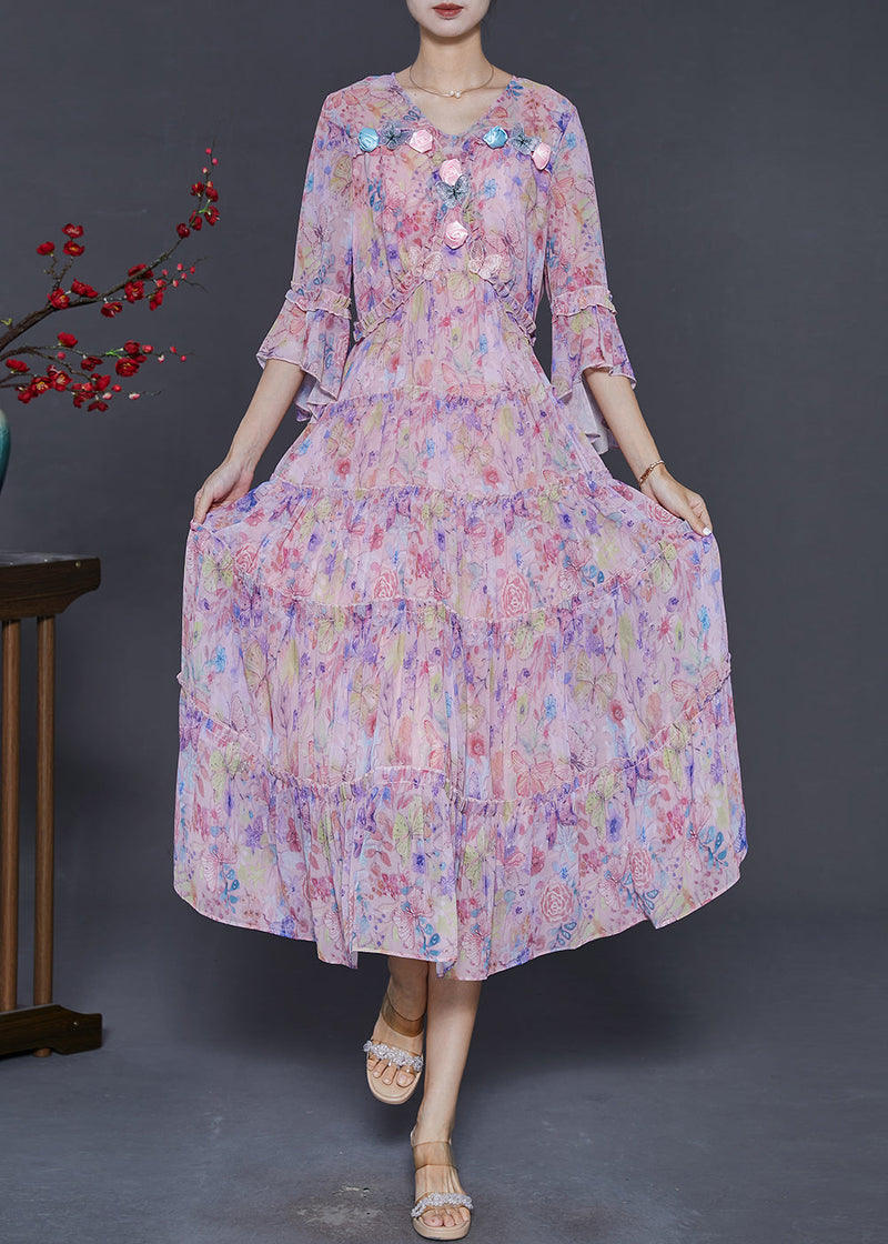 Modern Pink Print Butterfly Chiffon Dress Flare Sleeve