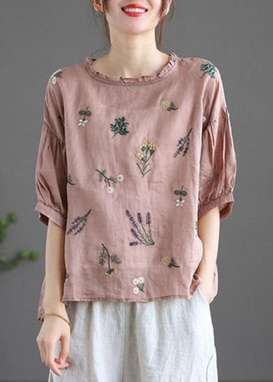 Modern Pink Regular Embroideried Summer Half Sleeve
