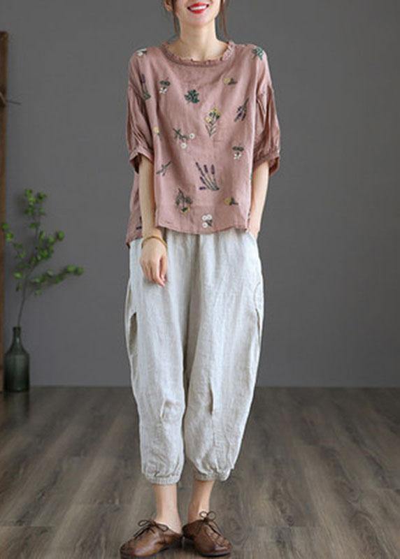 Modern Pink Regular Embroideried Summer Half Sleeve