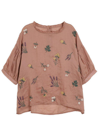 Modern Pink Regular Embroideried Summer Half Sleeve