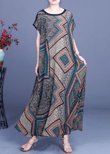 Modern Print Silk O-neck Short Sleeve Summer Mid Dress
